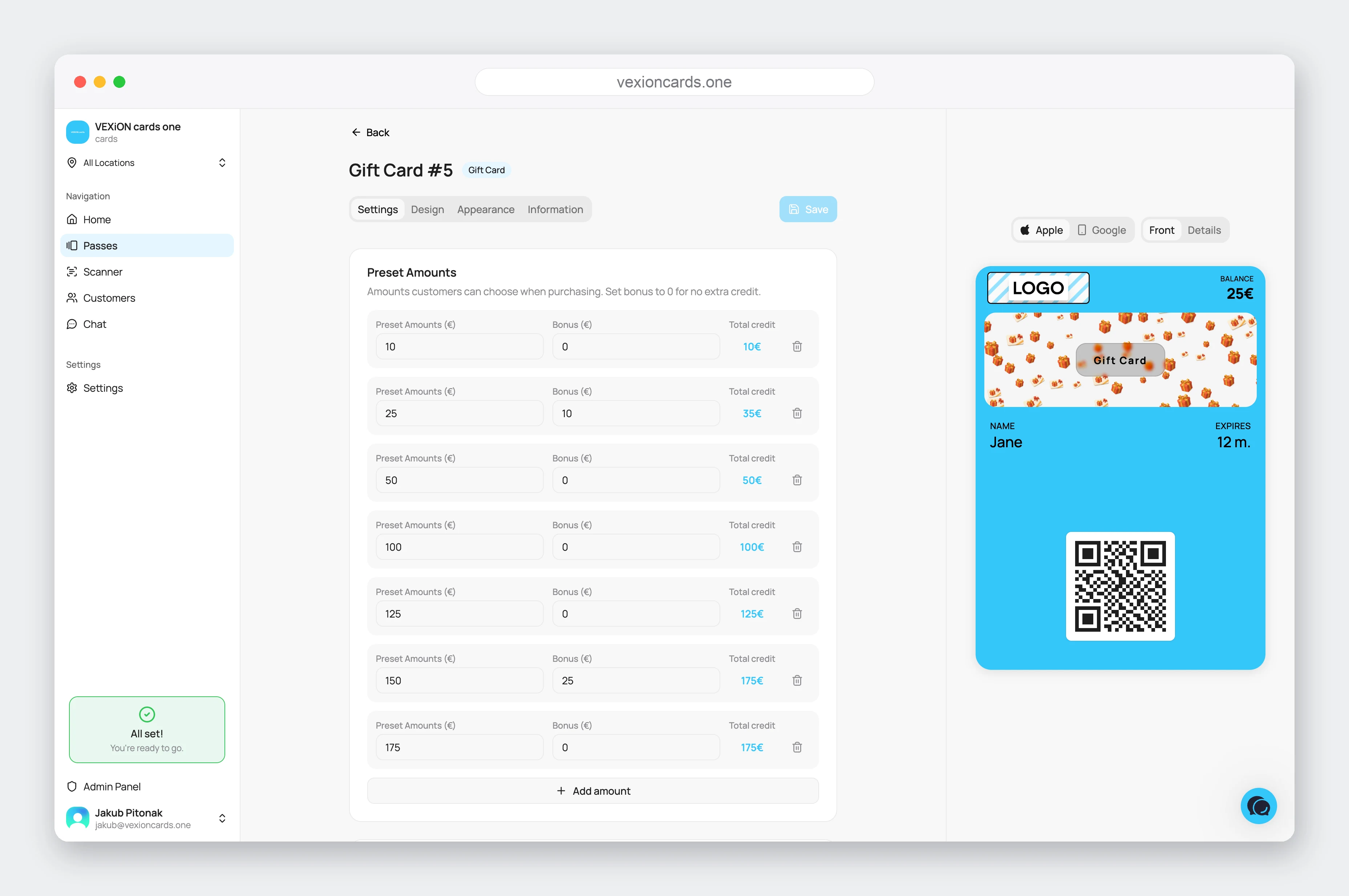 VEXiON cards admin dashboard where a merchant uploads a PDF design for a physical gift voucher, places the QR code on it, and generates a print-ready batch