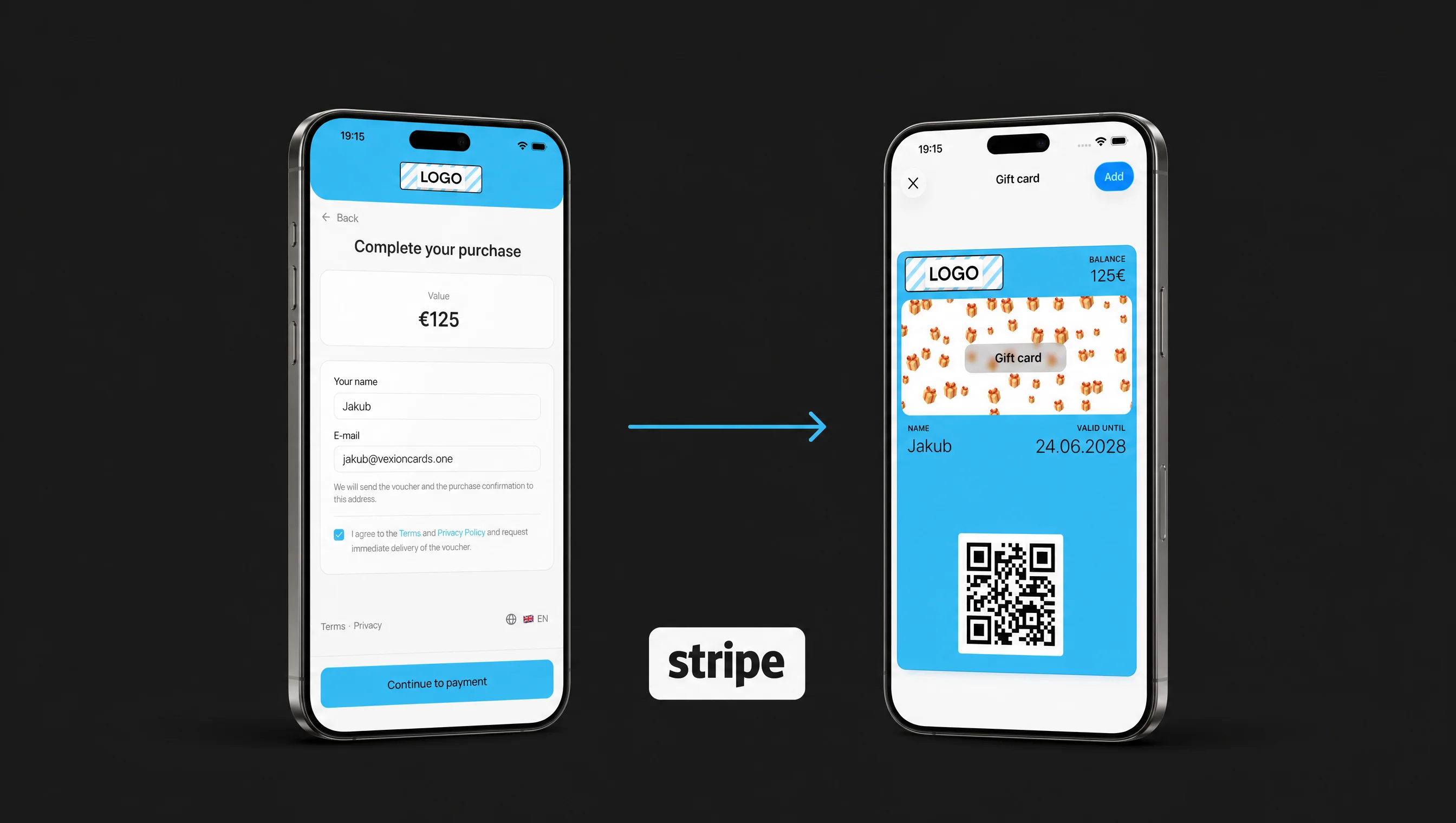 VEXiON cards online gift card purchase flow: a phone showing the value selection and buyer form on the left, Stripe payment in the middle, and the finished gift card in Apple Wallet or Google Wallet on the right