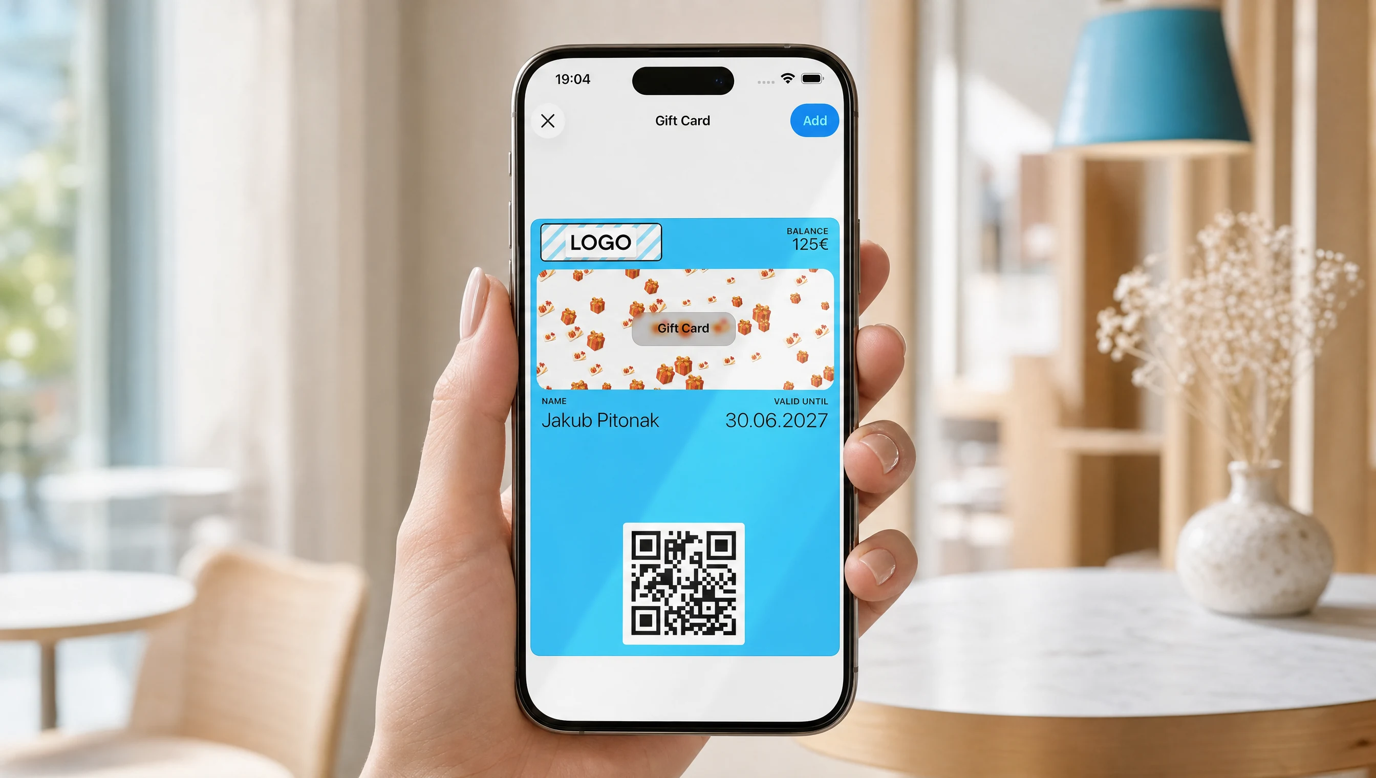 VEXiON cards gift card in Apple Wallet: a blue card showing a 125 euro balance and a QR code, ready to be scanned at the counter