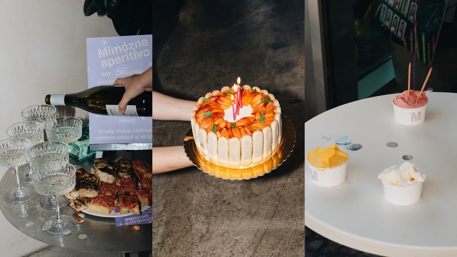 Mimózne aperitívo na 3. narodeniny: prosecco, narodeninová torta so sviečkami a zmrzlina v pohárikoch s logom Mimózy