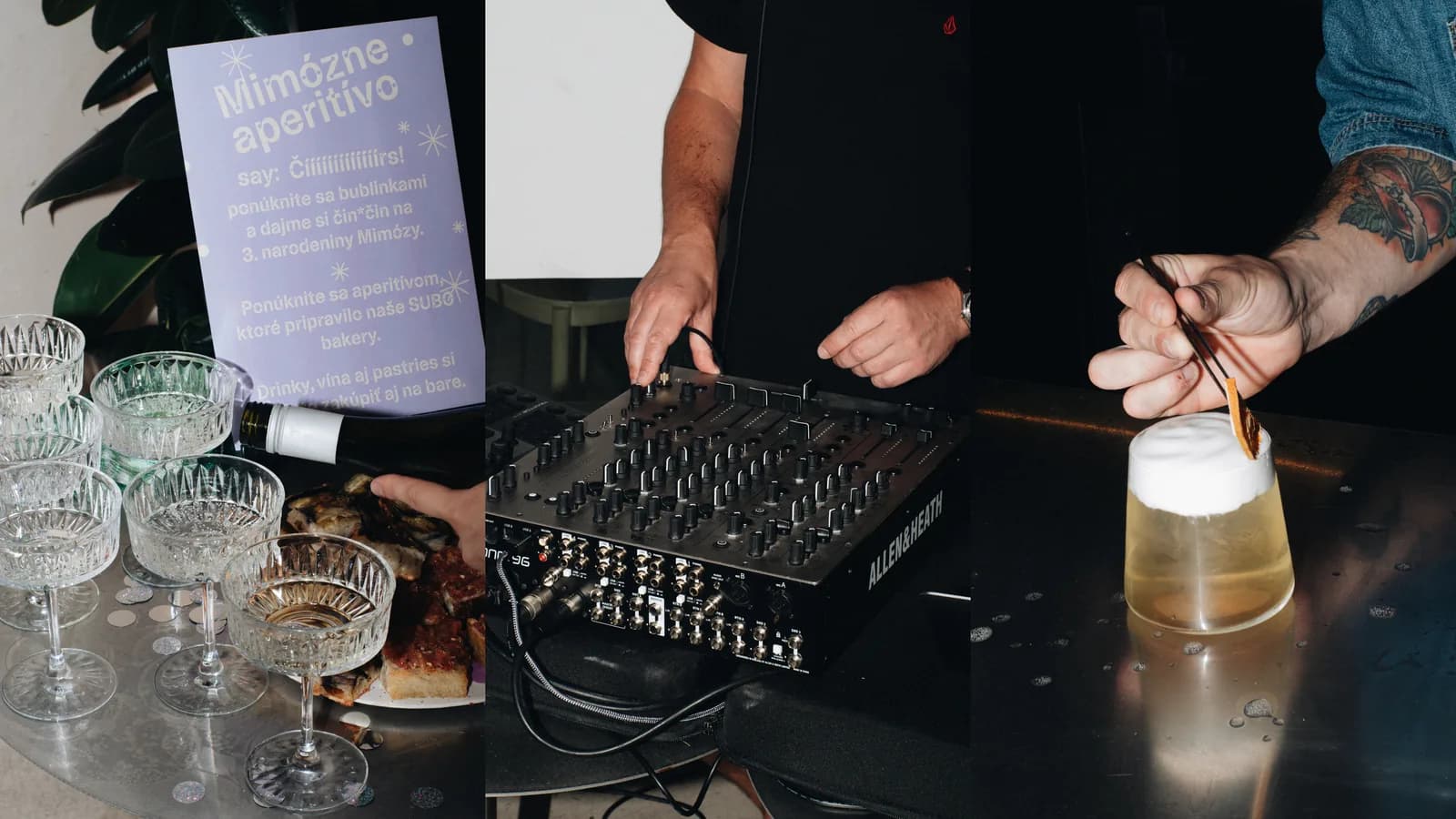 Kartička Mimózne aperitívo s textom o 3. narodeninách a aperitíve od SUBO bakery, DJ pult počas večera a hotový koktail na bare