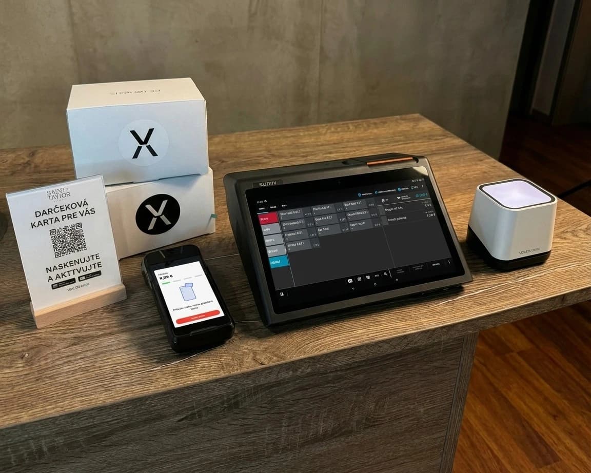 VEXiON cards integration with Papaya POS: complete setup with the register and a mobile phone showing a customer card