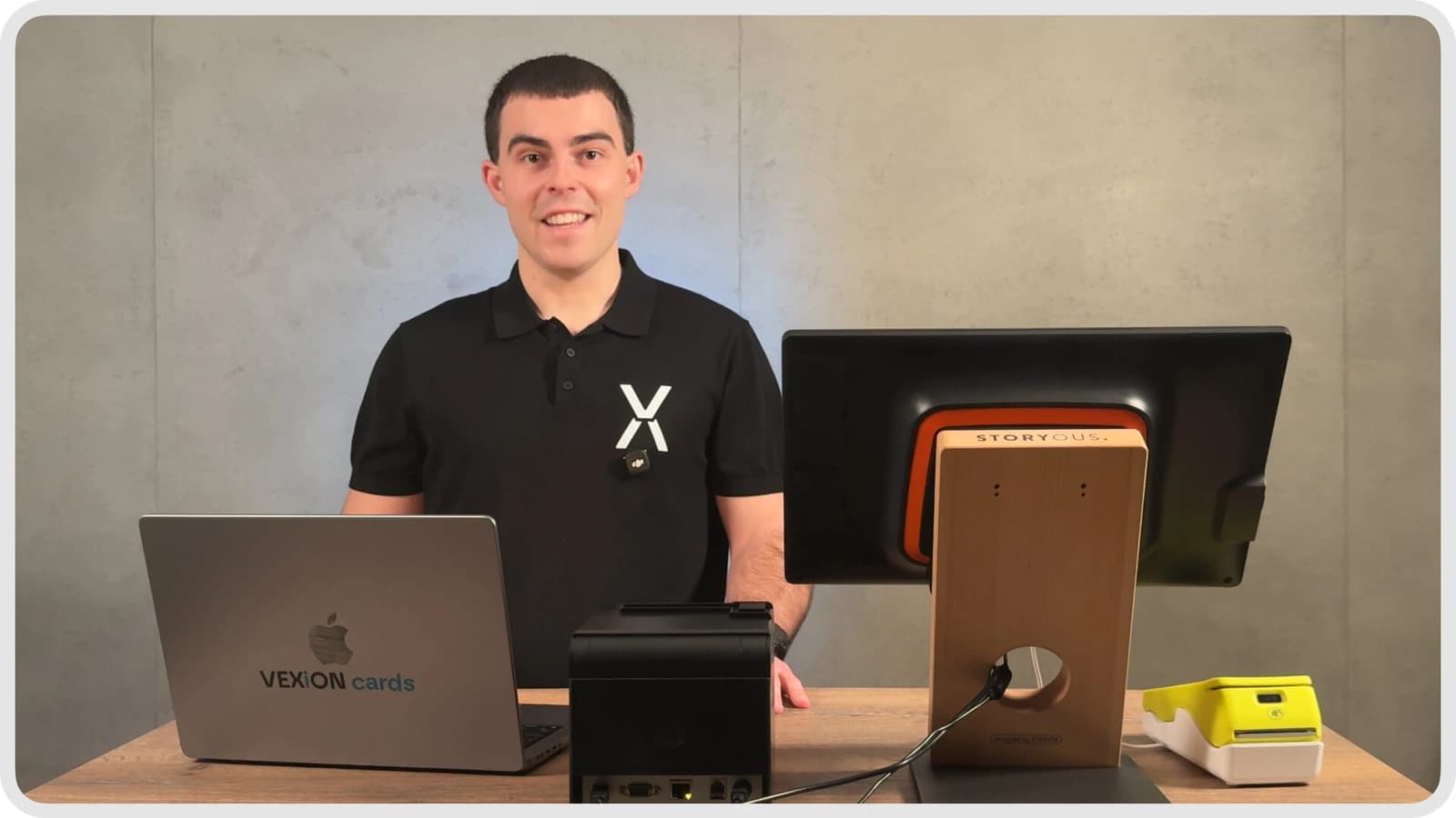 VEXiON cards integration with Storyous: MacBook with the admin dashboard, Storyous POS terminal, receipt printer, and mobile server for staff