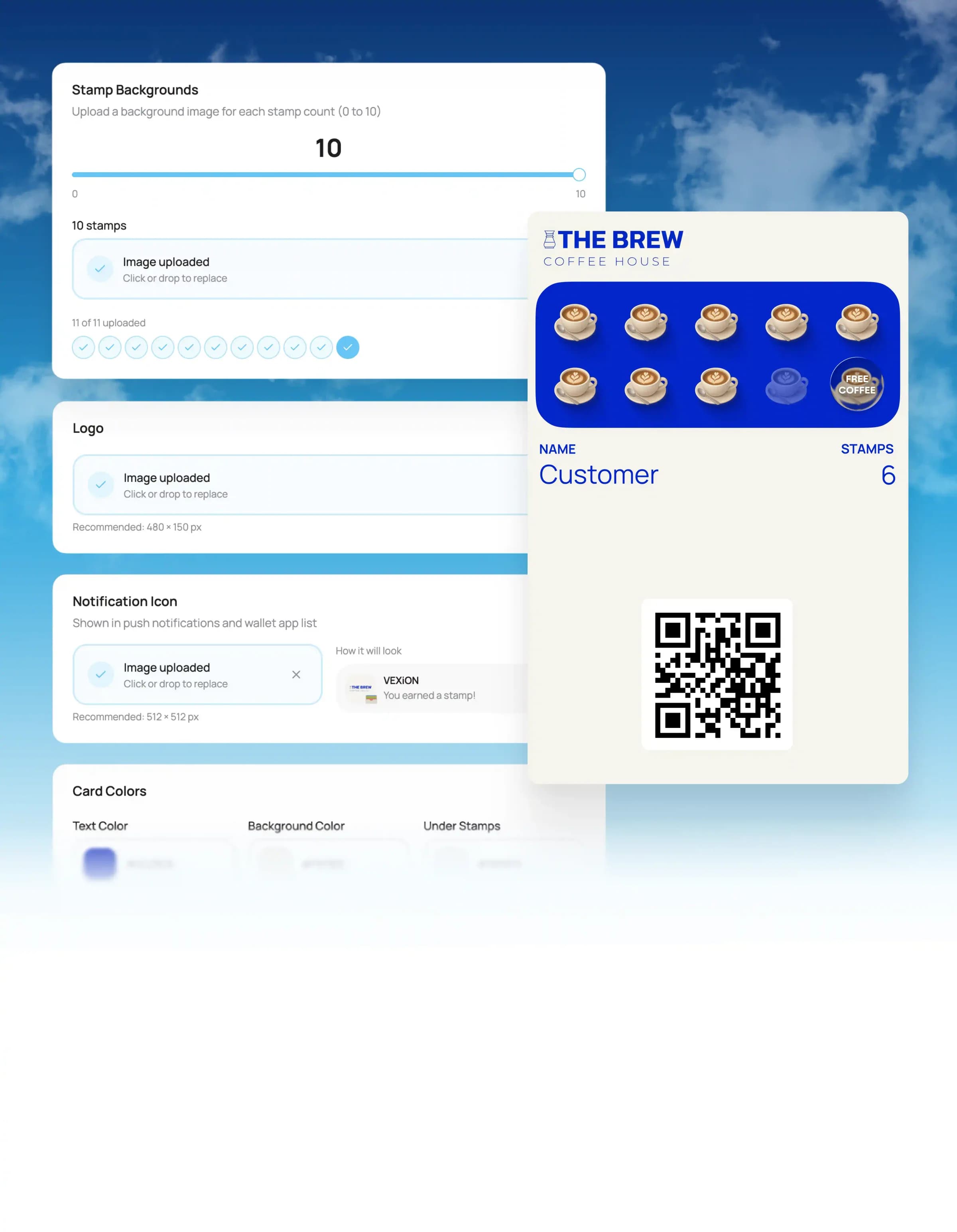 Building a digital loyalty card in the VEXiON cards dashboard — choosing card type and design.