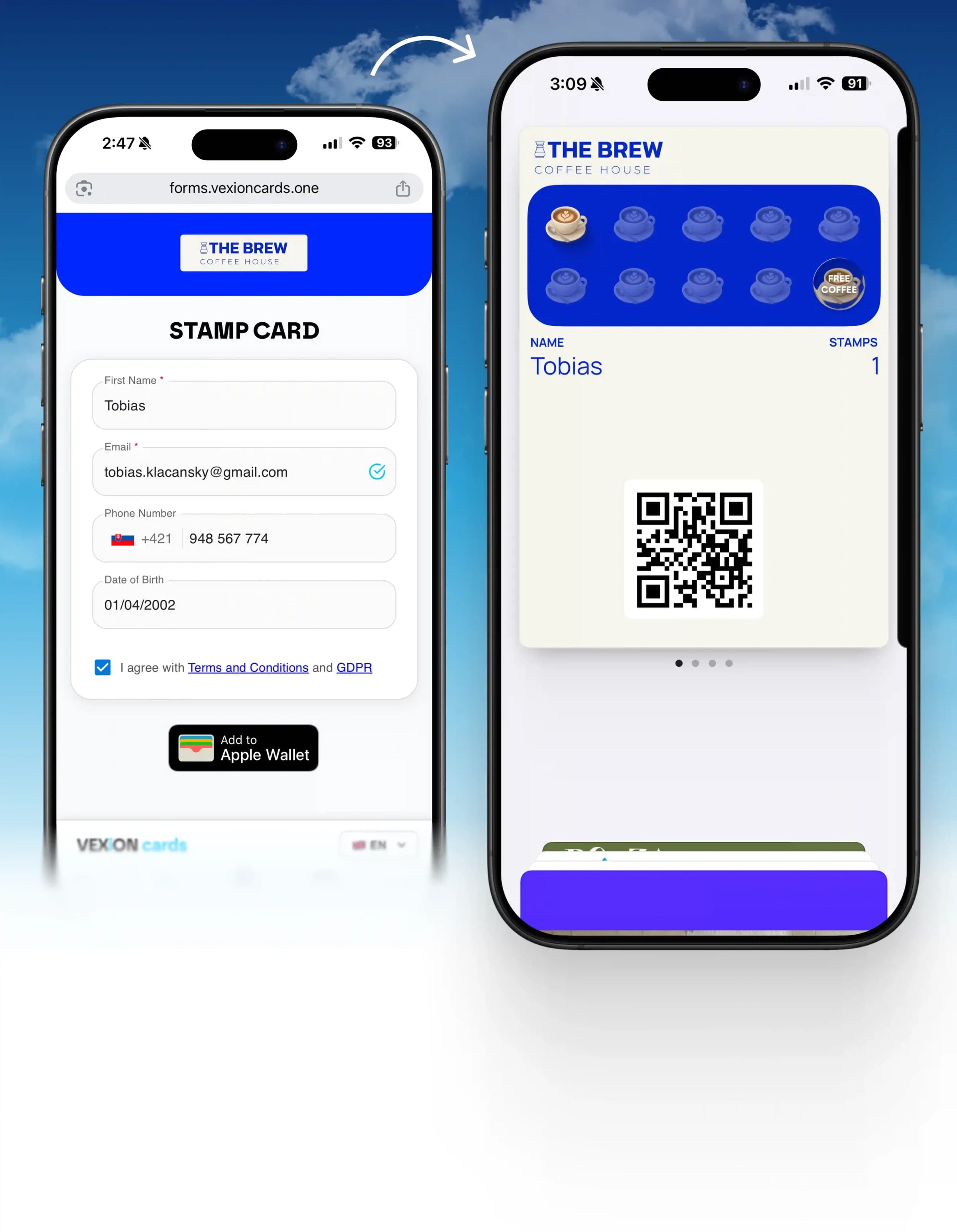 Customer scans a QR code and adds the VEXiON loyalty card to Apple Wallet in one tap.