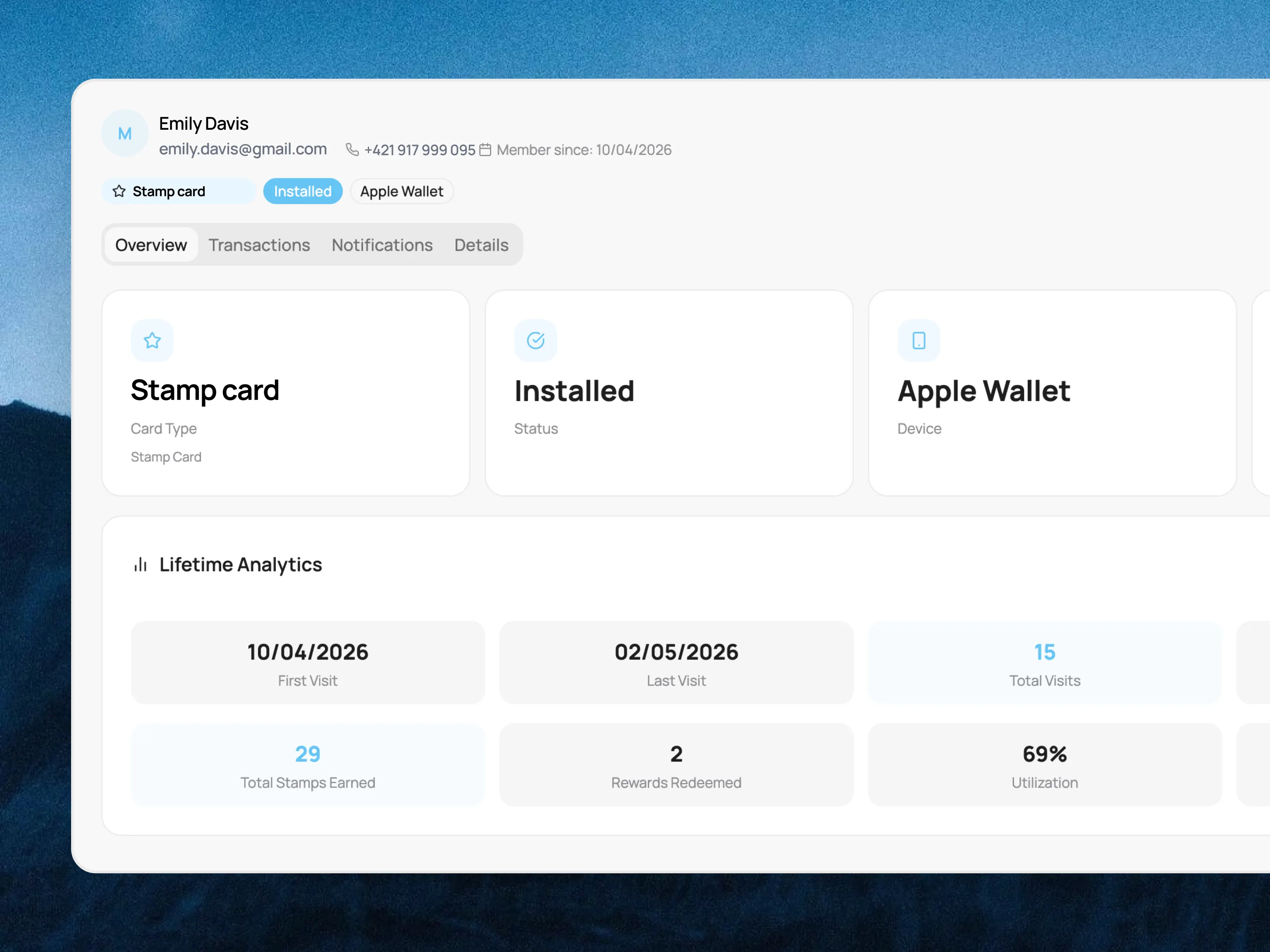 Customer profile with visit history